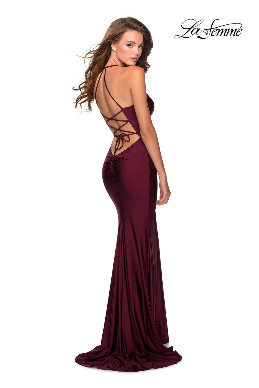 La Femme 28593 prom dress images.  La Femme 28593 is available in these colors: Dark Berry, Royal Blue, Yellow.