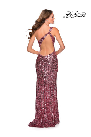 La Femme 28596 prom dress images.  La Femme 28596 is available in these colors: Light Blue, Pink, Silver.