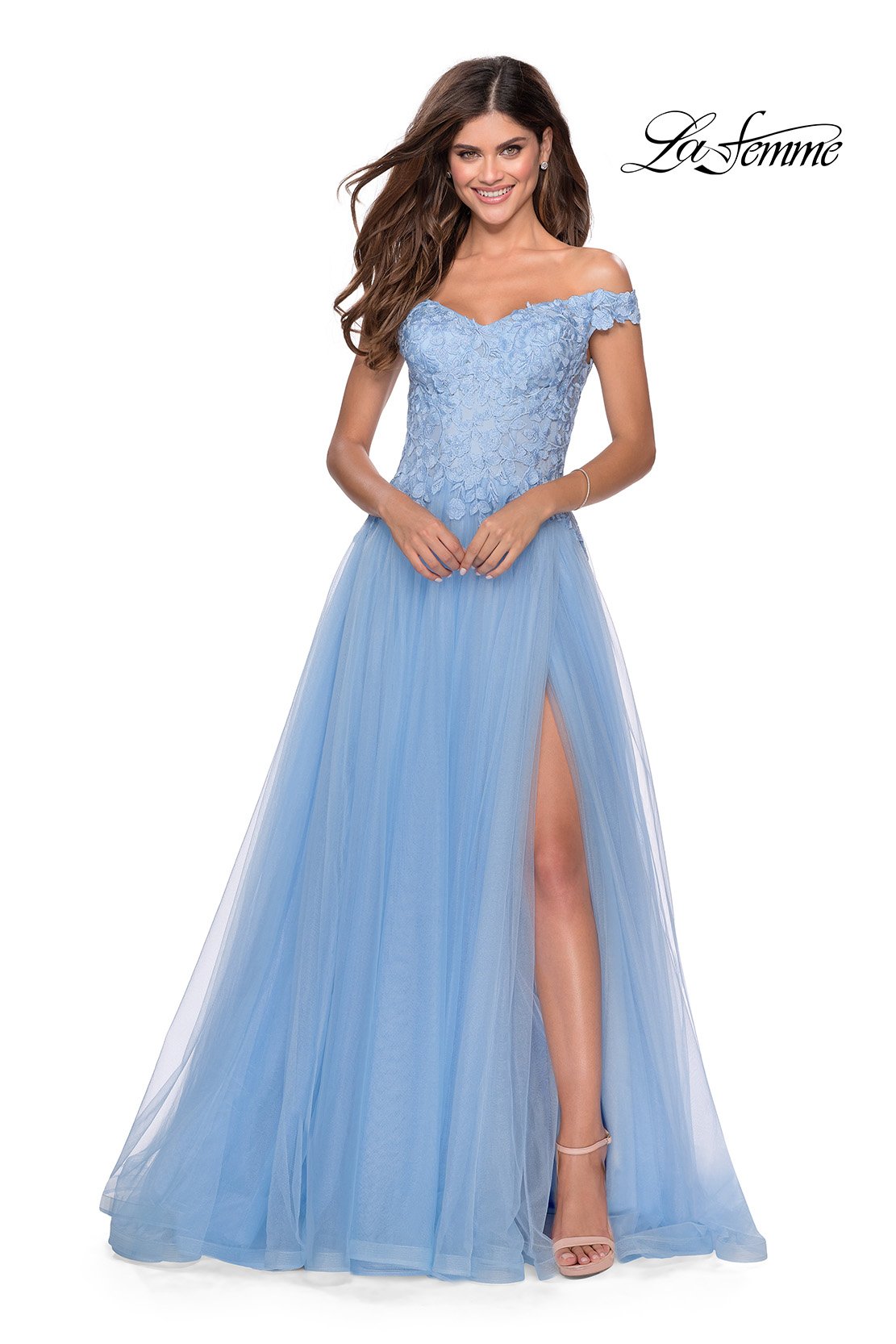 La Femme 28598 prom dress images.  La Femme 28598 is available in these colors: Cloud Blue, Mauve, Pale Yellow, White.