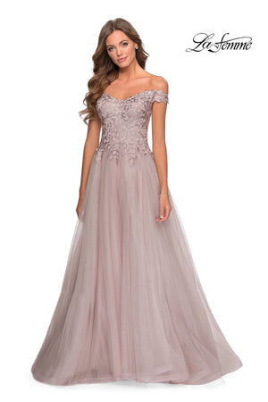 La Femme 28598 prom dress images.  La Femme 28598 is available in these colors: Cloud Blue, Mauve, Pale Yellow, White.