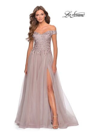 La Femme 28598 prom dress images.  La Femme 28598 is available in these colors: Cloud Blue, Mauve, Pale Yellow, White.