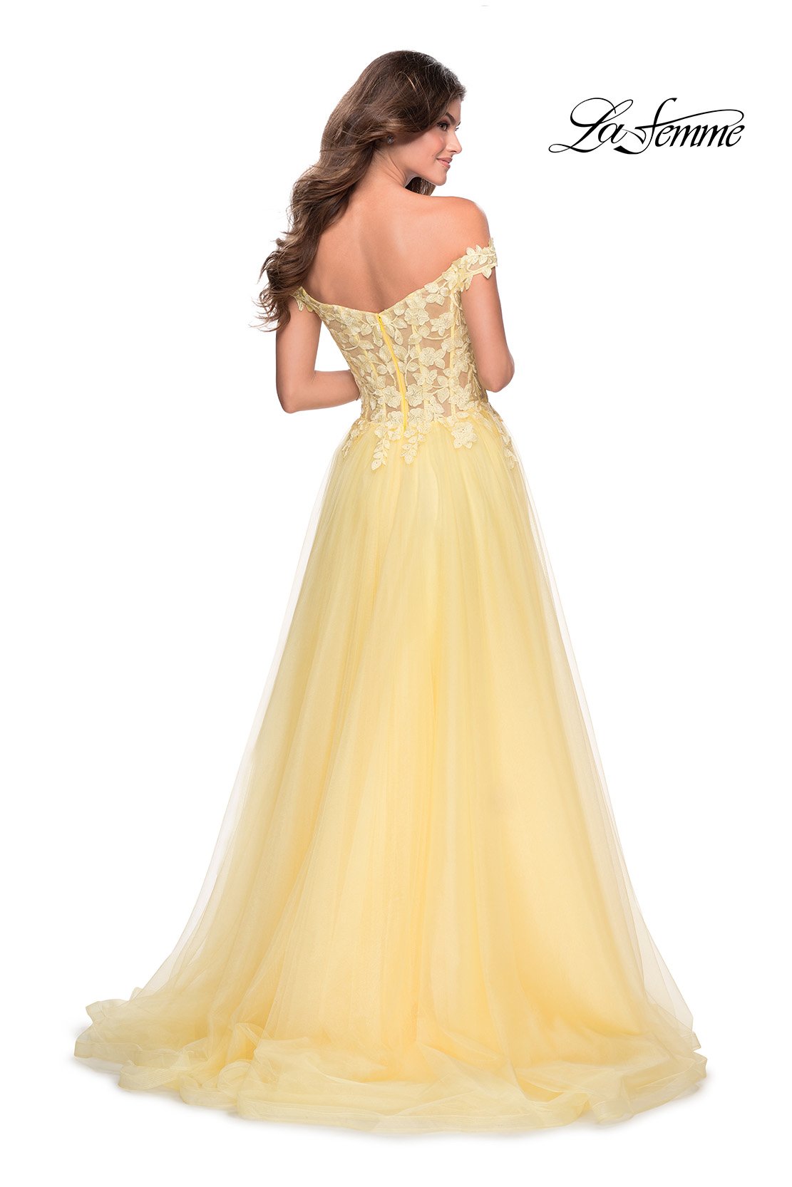 La Femme 28598 prom dress images.  La Femme 28598 is available in these colors: Cloud Blue, Mauve, Pale Yellow, White.