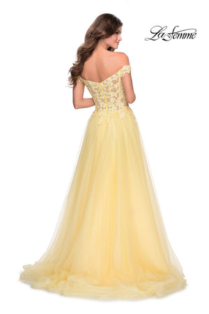 La Femme 28598 prom dress images.  La Femme 28598 is available in these colors: Cloud Blue, Mauve, Pale Yellow, White.