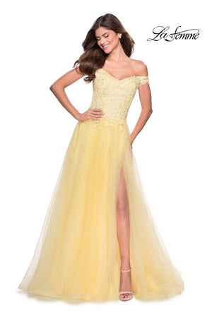 La Femme 28598 prom dress images.  La Femme 28598 is available in these colors: Cloud Blue, Mauve, Pale Yellow, White.