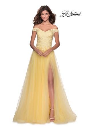 La Femme 28598 prom dress images.  La Femme 28598 is available in these colors: Cloud Blue, Mauve, Pale Yellow, White.