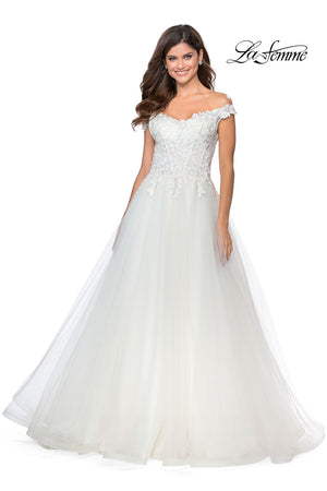 La Femme 28598 prom dress images.  La Femme 28598 is available in these colors: Cloud Blue, Mauve, Pale Yellow, White.