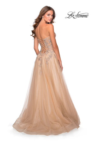 La Femme 28599 prom dress images.  La Femme 28599 is available in these colors: Lilac Mist, Navy, Nude, Wine.