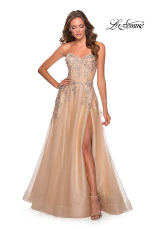 La Femme 28599 prom dress images.  La Femme 28599 is available in these colors: Lilac Mist, Navy, Nude, Wine.