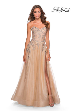 La Femme 28599 prom dress images.  La Femme 28599 is available in these colors: Lilac Mist, Navy, Nude, Wine.