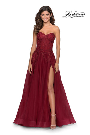 La Femme 28599 prom dress images.  La Femme 28599 is available in these colors: Lilac Mist, Navy, Nude, Wine.