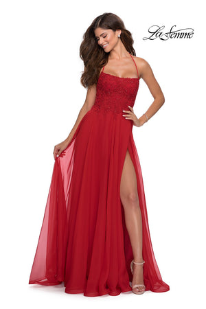 La Femme 28600 prom dress images.  La Femme 28600 is available in these colors: Red.
