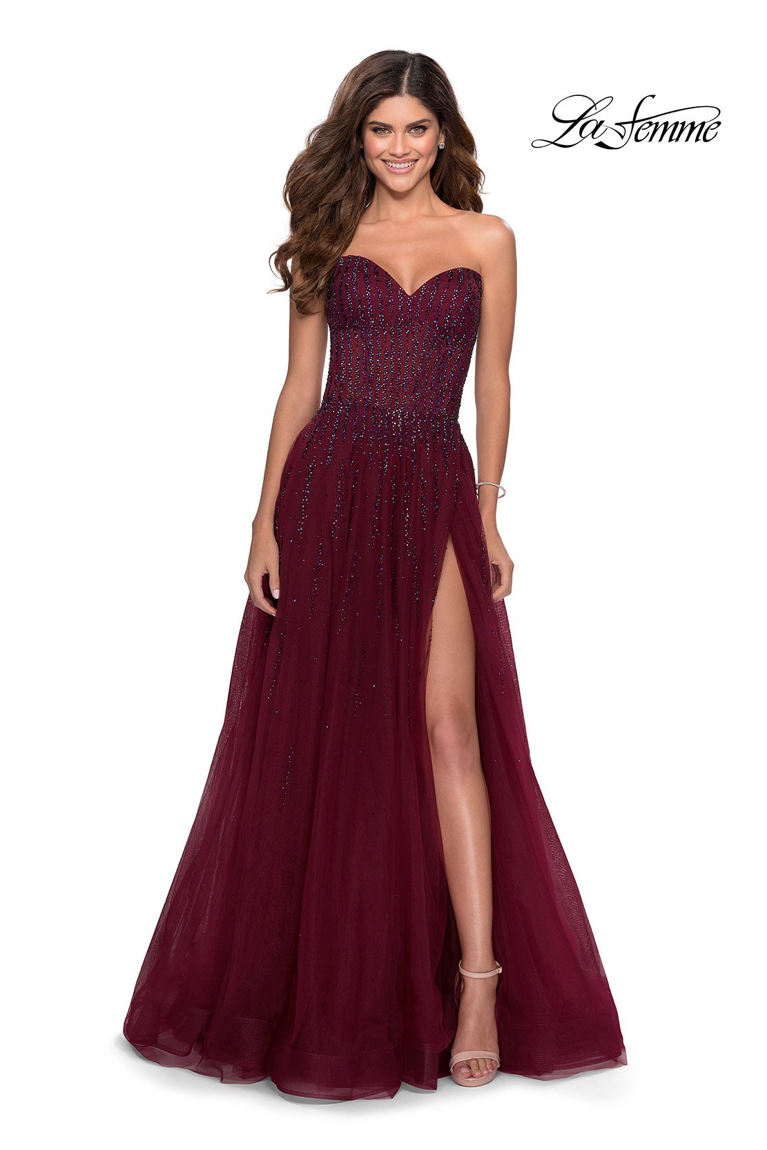 La Femme 28603 prom dress images.  La Femme 28603 is available in these colors: Dark Berry, Dusty Lilac, Royal Blue.
