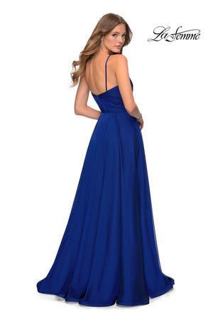 La Femme 28611 prom dress images.  La Femme 28611 is available in these colors: Cloud Blue, Garnet, Marine Blue, Mauve.