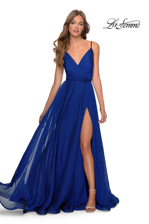 La Femme 28611 prom dress images.  La Femme 28611 is available in these colors: Cloud Blue, Garnet, Marine Blue, Mauve.