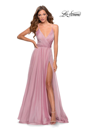 La Femme 28611 prom dress images.  La Femme 28611 is available in these colors: Cloud Blue, Garnet, Marine Blue, Mauve.