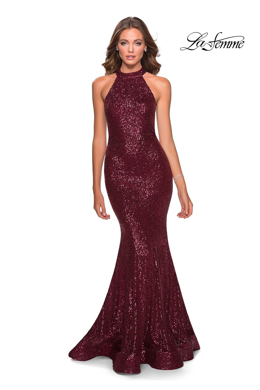 La Femme 28612 prom dress images.  La Femme 28612 is available in these colors: Burgundy, Champagne, Emerald, Mint, Navy.