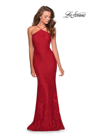 La Femme 28619 prom dress images.  La Femme 28619 is available in these colors: Emerald, Navy, Red.