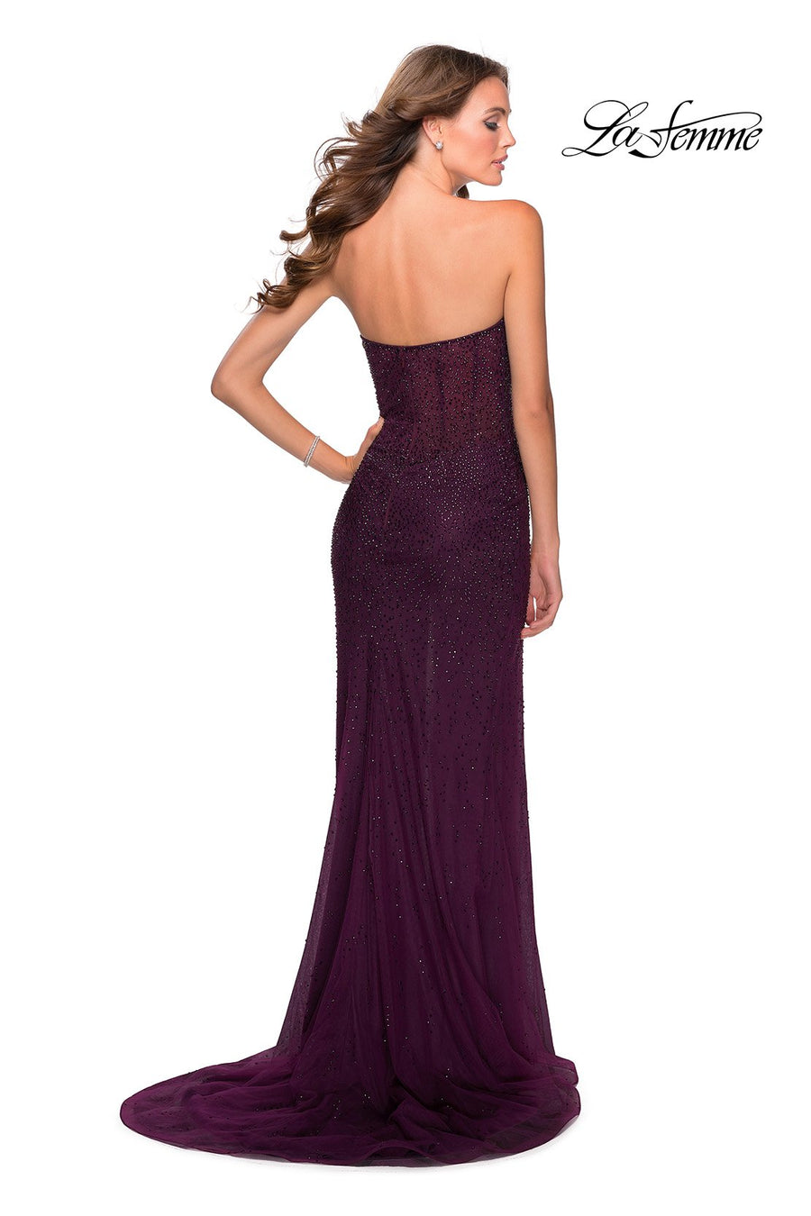 La Femme 28621 prom dress images.  La Femme 28621 is available in these colors: Dark Berry, Emerald, Navy.