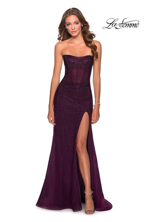 La Femme 28621 prom dress images.  La Femme 28621 is available in these colors: Dark Berry, Emerald, Navy.