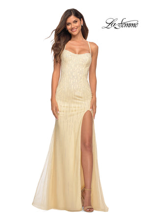 La Femme 28622 prom dress images.  La Femme 28622 is available in these colors: Blush, Cloud Blue, Mint, Pale Yellow.