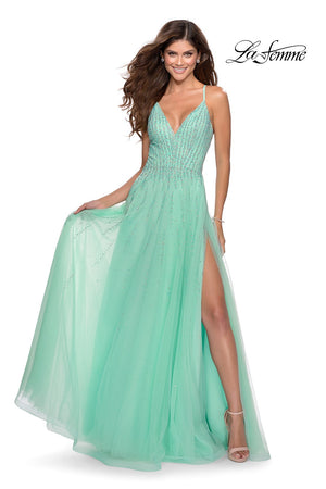 La Femme 28636 prom dress images.  La Femme 28636 is available in these colors: Cloud Blue, Mint.