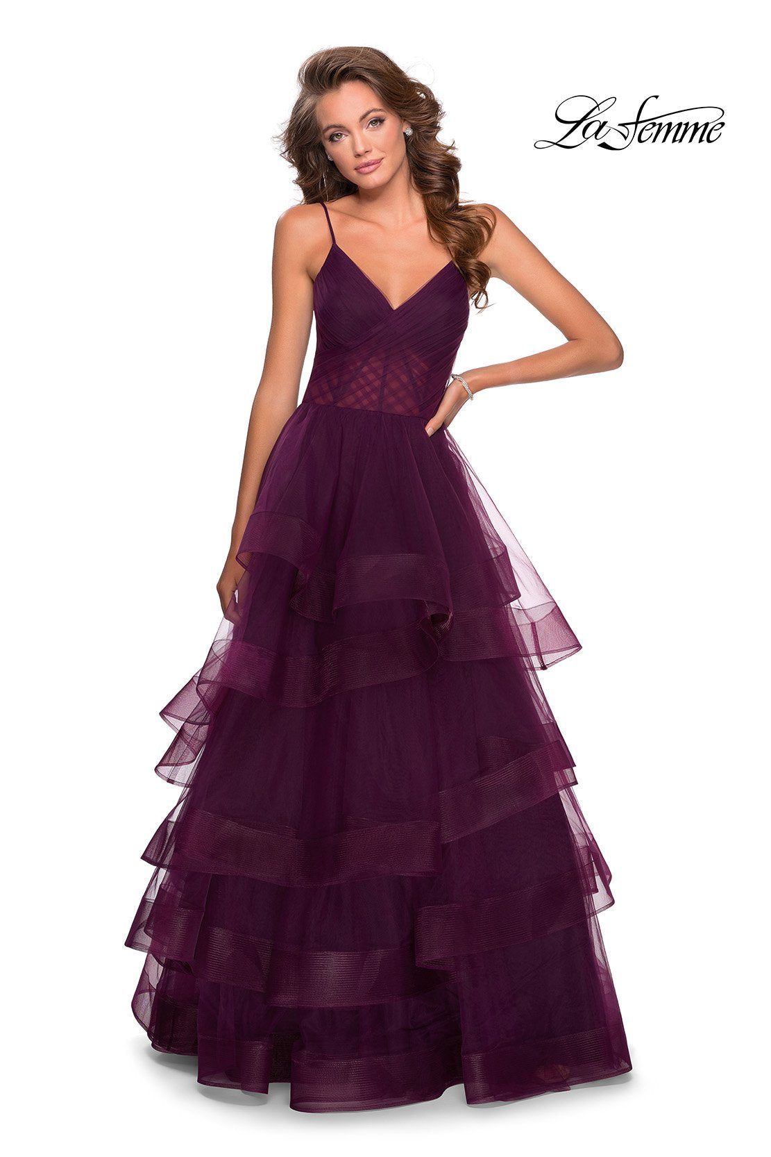 La Femme 28641 prom dress images.  La Femme 28641 is available in these colors: Dark Berry, Lilac Mist.