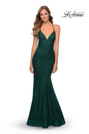 La Femme 28643 prom dress images.  La Femme 28643 is available in these colors: Cloud Blue, Emerald, Pale Yellow, Red.