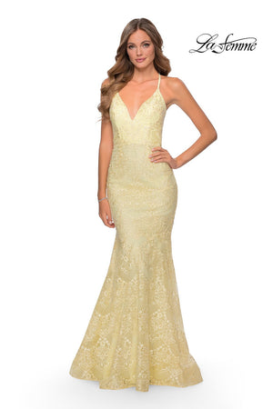 La Femme 28643 prom dress images.  La Femme 28643 is available in these colors: Cloud Blue, Emerald, Pale Yellow, Red.