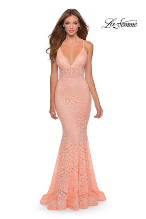 La Femme 28647 prom dress images.  La Femme 28647 is available in these colors: Mint, Peach, White, Yellow.