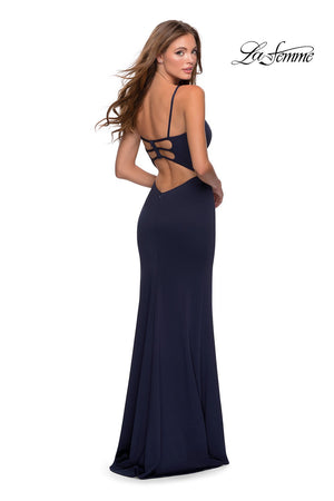 La Femme 28653 prom dress images.  La Femme 28653 is available in these colors: Emerald, Navy, Red, White, Wine.