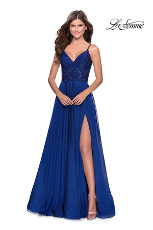 La Femme 28664 prom dress images.  La Femme 28664 is available in these colors: Black, Marine Blue, Pale Yellow, Wine.