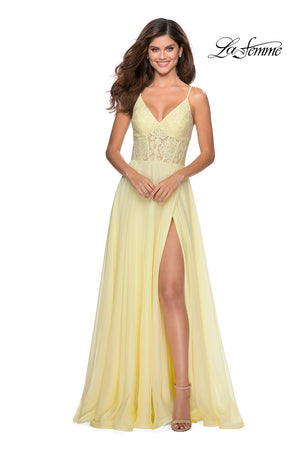 La Femme 28664 prom dress images.  La Femme 28664 is available in these colors: Black, Marine Blue, Pale Yellow, Wine.