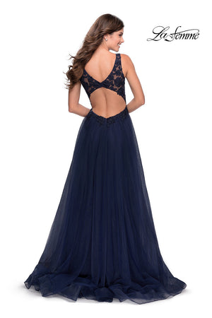 La Femme 28680 prom dress images.  La Femme 28680 is available in these colors: Dark Berry, Emerald, Navy.