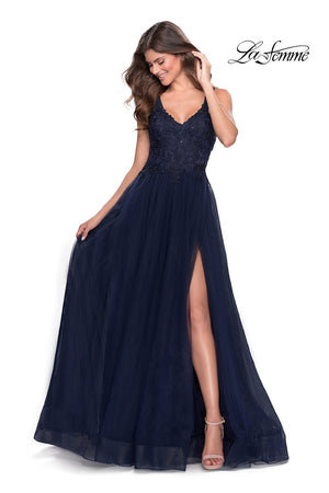 La Femme 28680 prom dress images.  La Femme 28680 is available in these colors: Dark Berry, Emerald, Navy.
