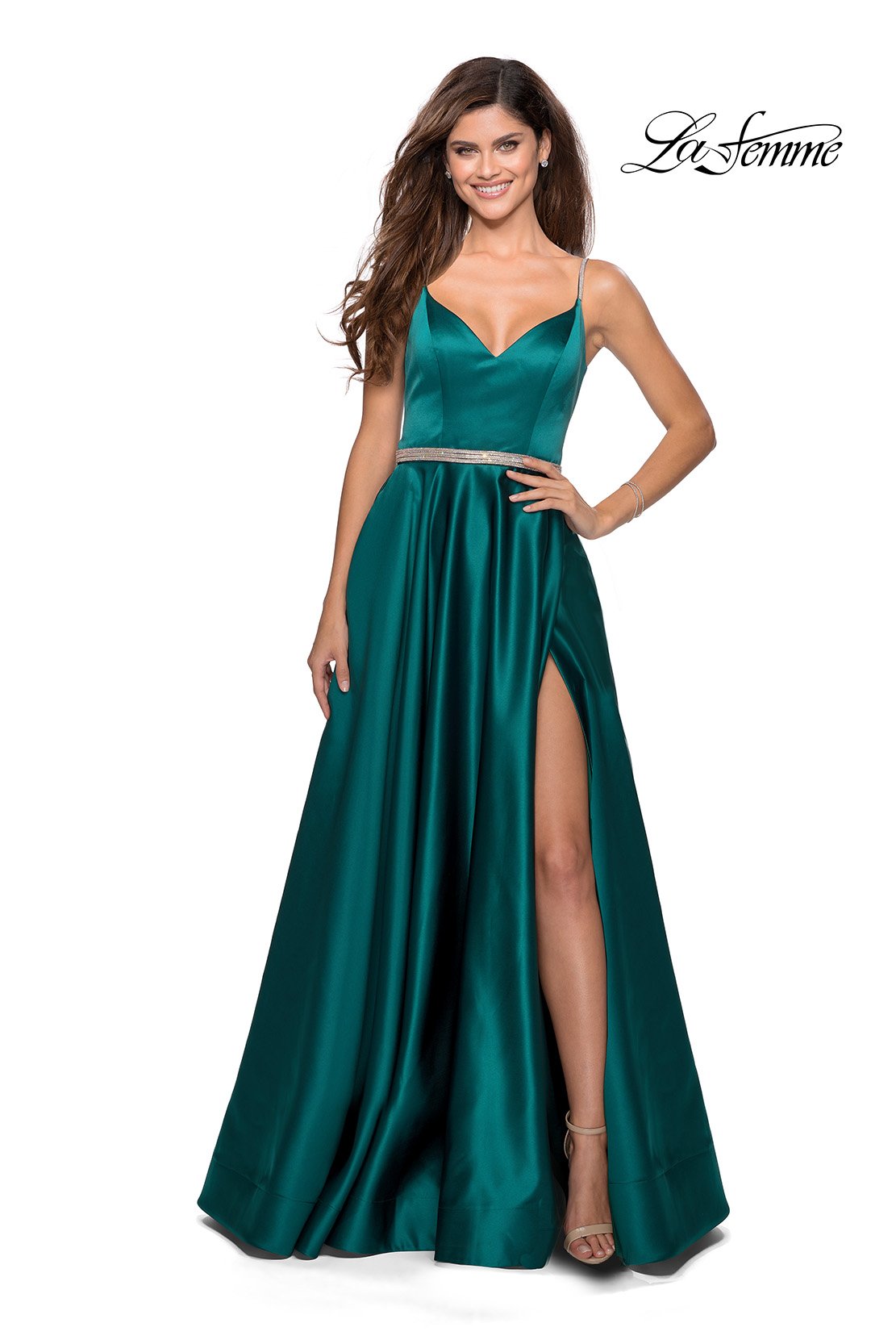 La Femme 28695 prom dress images.  La Femme 28695 is available in these colors: Emerald, Red, Royal Blue.