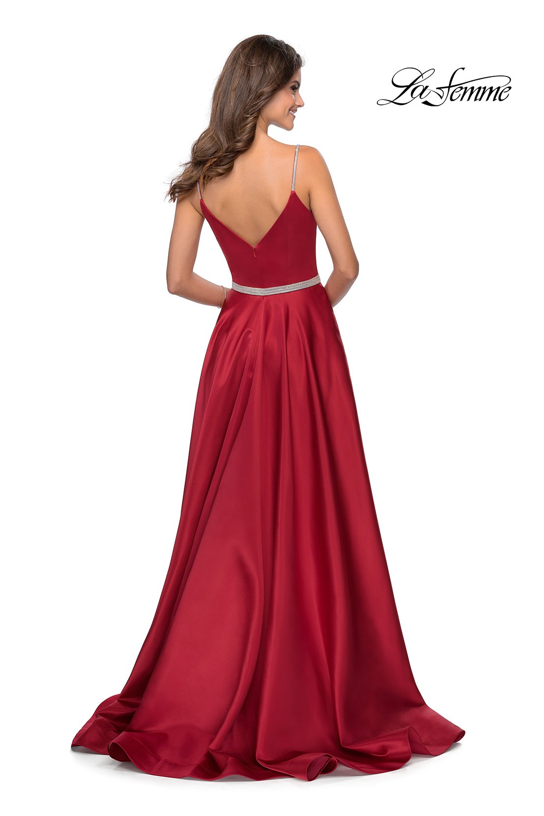 La Femme 28695 prom dress images.  La Femme 28695 is available in these colors: Emerald, Red, Royal Blue.