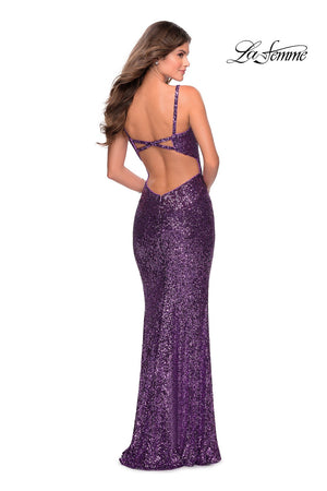 La Femme 28698 prom dress images.  La Femme 28698 is available in these colors: Purple, Red, Silver.