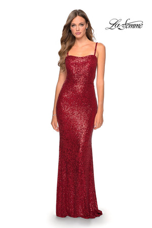 La Femme 28698 prom dress images.  La Femme 28698 is available in these colors: Purple, Red, Silver.