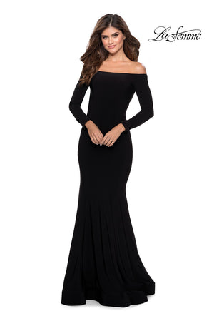 La Femme 28754 prom dress images.  La Femme 28754 is available in these colors: Black, Red, Yellow.