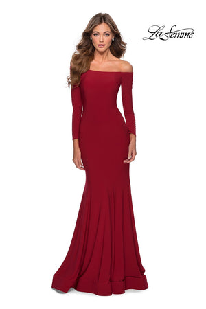 La Femme 28754 prom dress images.  La Femme 28754 is available in these colors: Black, Red, Yellow.