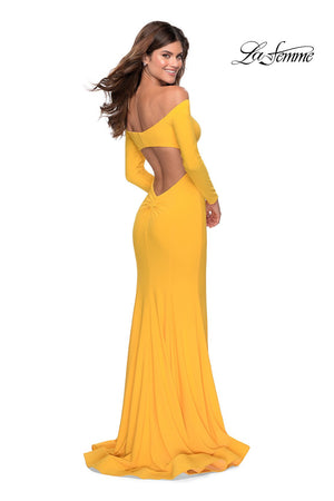 La Femme 28754 prom dress images.  La Femme 28754 is available in these colors: Black, Red, Yellow.