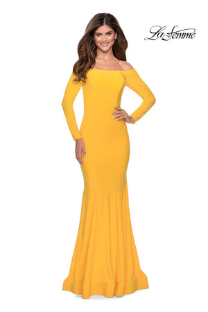 La Femme 28754 prom dress images.  La Femme 28754 is available in these colors: Black, Red, Yellow.