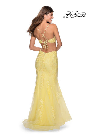 La Femme 28768 prom dress images.  La Femme 28768 is available in these colors: Lilac Mist, Peach, Yellow.