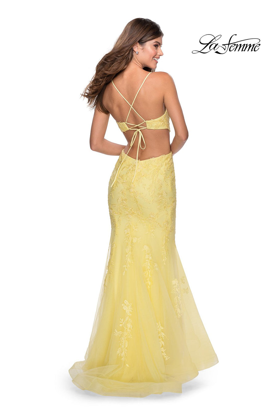 La Femme 28768 prom dress images.  La Femme 28768 is available in these colors: Lilac Mist, Peach, Yellow.
