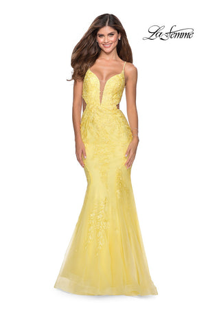 La Femme 28768 prom dress images.  La Femme 28768 is available in these colors: Lilac Mist, Peach, Yellow.