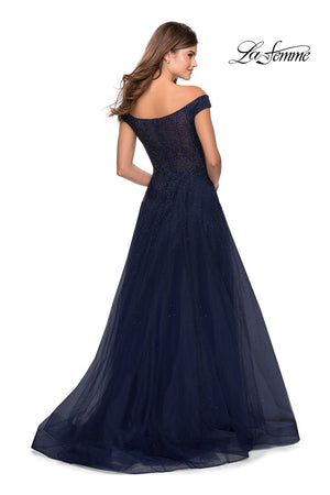 La Femme 28774 prom dress images.  La Femme 28774 is available in these colors: Dark Berry, Navy.