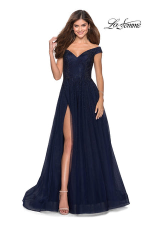 La Femme 28774 prom dress images.  La Femme 28774 is available in these colors: Dark Berry, Navy.
