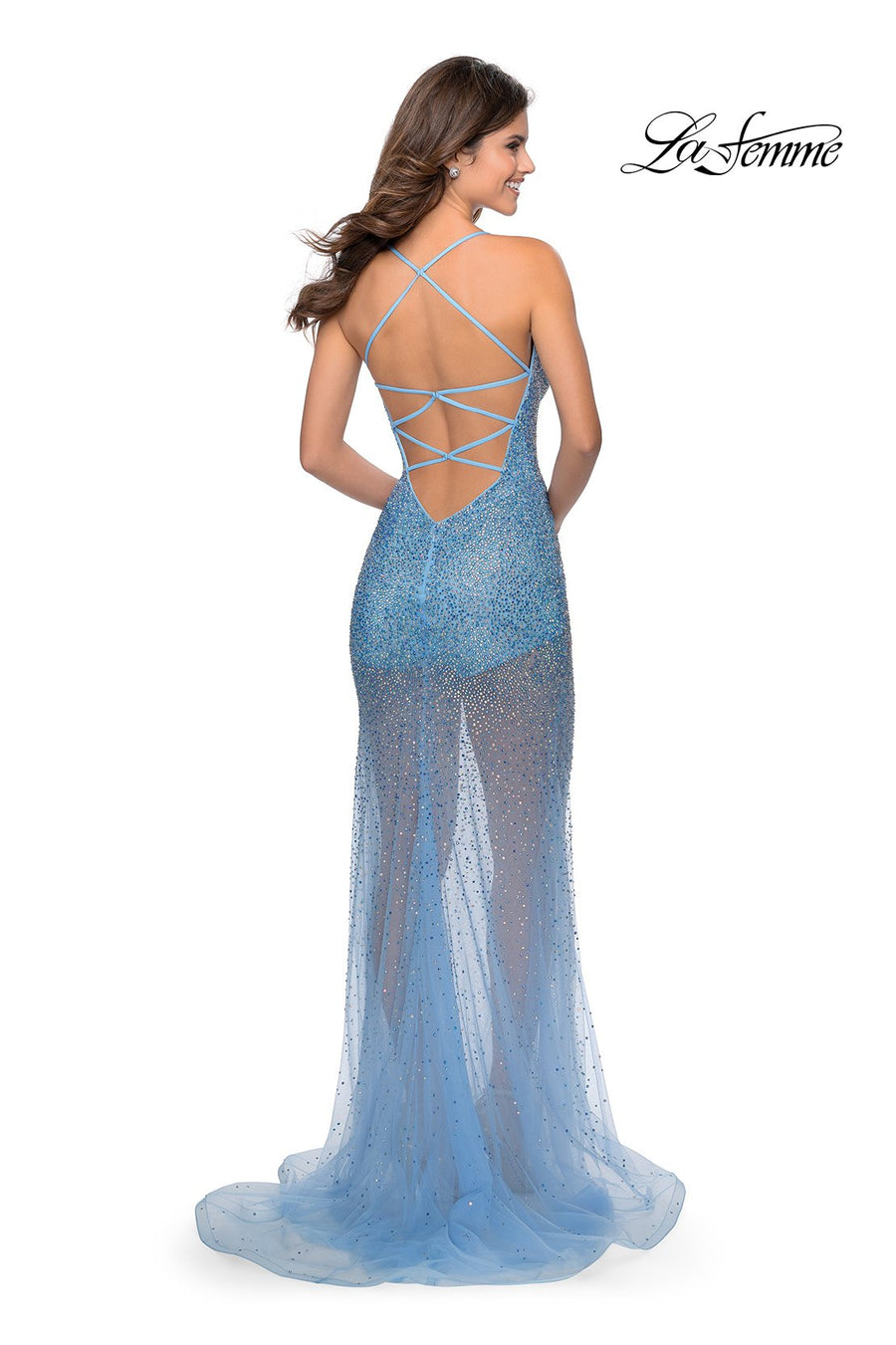 La Femme 28806 prom dress images.  La Femme 28806 is available in these colors: Cloud Blue, Pale Yellow, White.