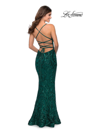 La Femme 28828 prom dress images.  La Femme 28828 is available in these colors: Burgundy, Emerald, Navy.