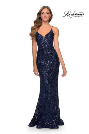 La Femme 28828 prom dress images.  La Femme 28828 is available in these colors: Burgundy, Emerald, Navy.